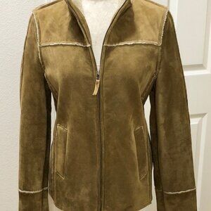 GAP Women's Y2K suede leather faux shearling zip-up jacket...